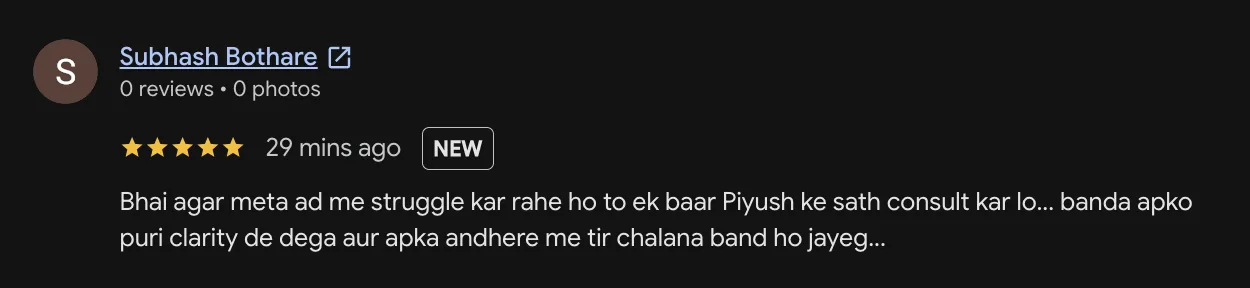 Five-star Google review from consultation client Subhash Bothare recommending a Meta ads consultation with Piyush Sachdeva for complete clarity