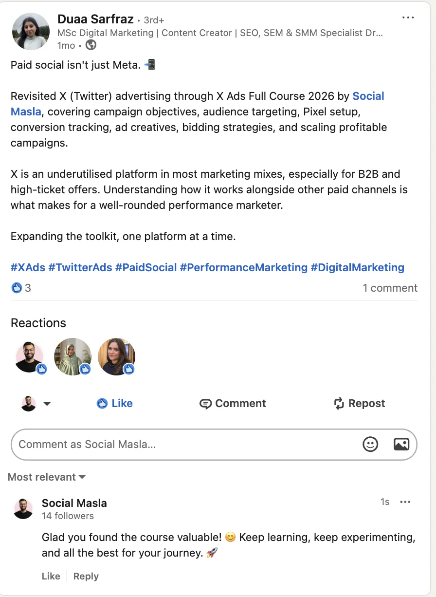 LinkedIn post by Duaa Sarfraz after completing the Social Masla X Ads course