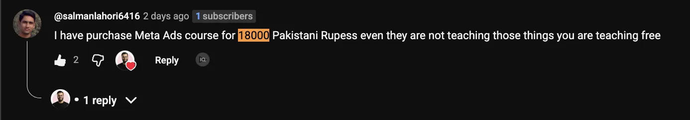 YouTube comment from Salman Lahori comparing Social Masla’s free Meta Ads lessons with a paid 18,000 Pakistani rupee course