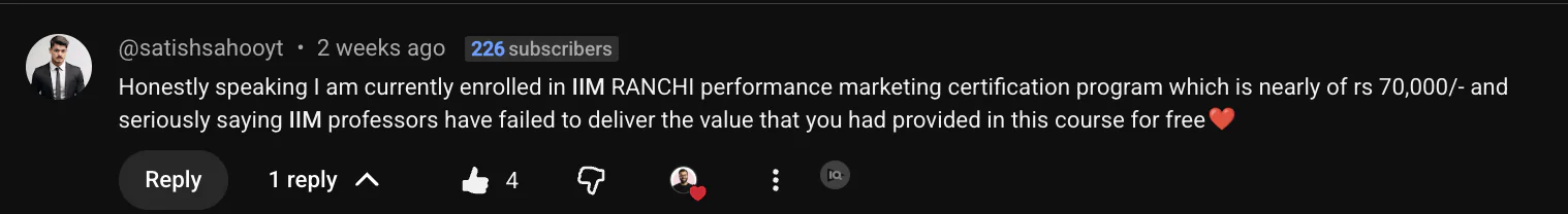YouTube comment from Satish Sahoo comparing the free Social Masla course with a paid certification