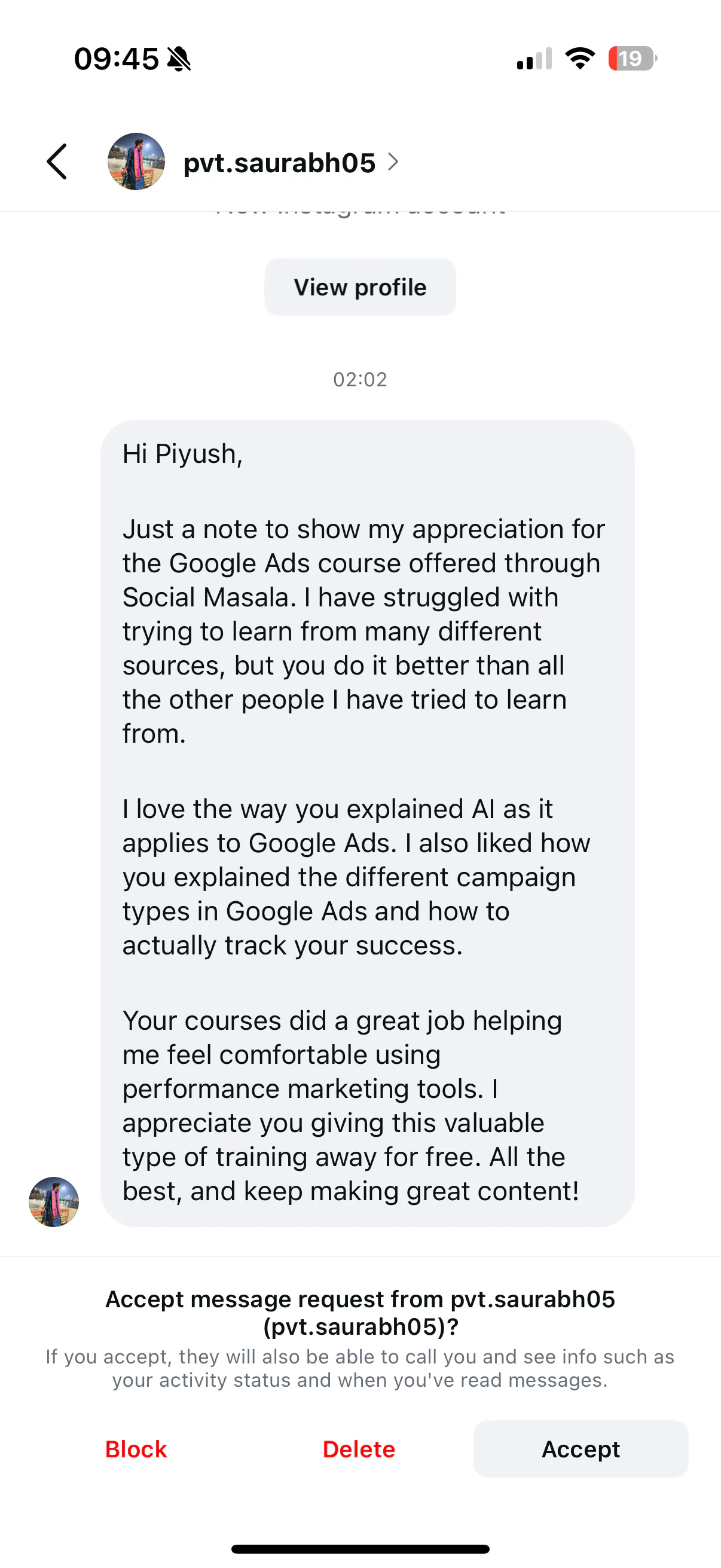 Instagram message from Saurabh reviewing the free Social Masla Google Ads course