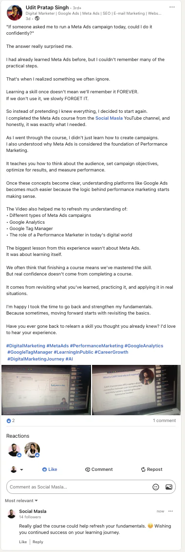 LinkedIn post by Udit Pratap Singh after revisiting the Social Masla Meta Ads course