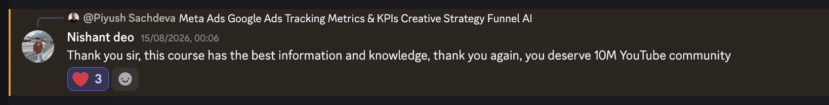 Discord course review from Nishant Deo praising the quality of the course information
