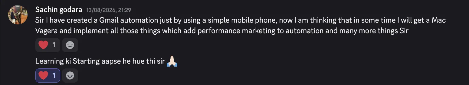 Discord paid course review from Sachin Godara about building Gmail automation and learning performance marketing automation