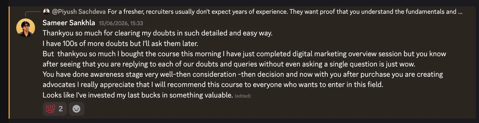 Discord follow-up review by Sameer Sankhla praising Piyush Sachdeva’s detailed support in the paid performance marketing course