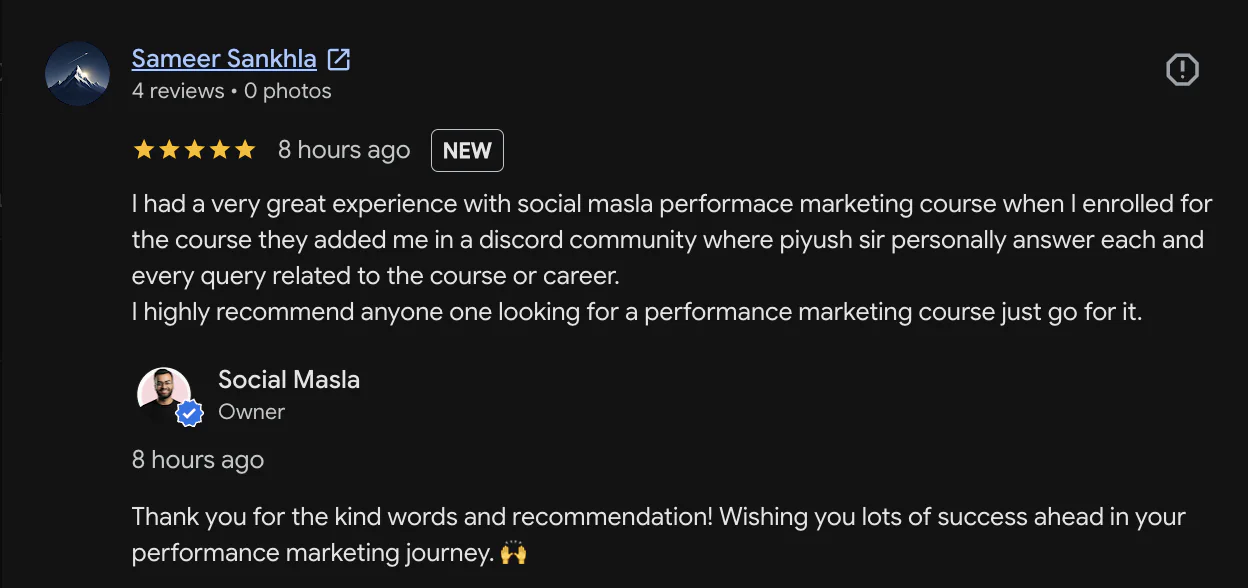 Five-star Google review by Sameer Sankhla for the Social Masla performance marketing course
